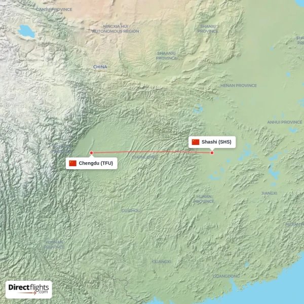 Chengdu - Shashi direct flight map