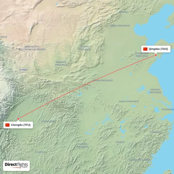 Chengdu - Qingdao direct flight map