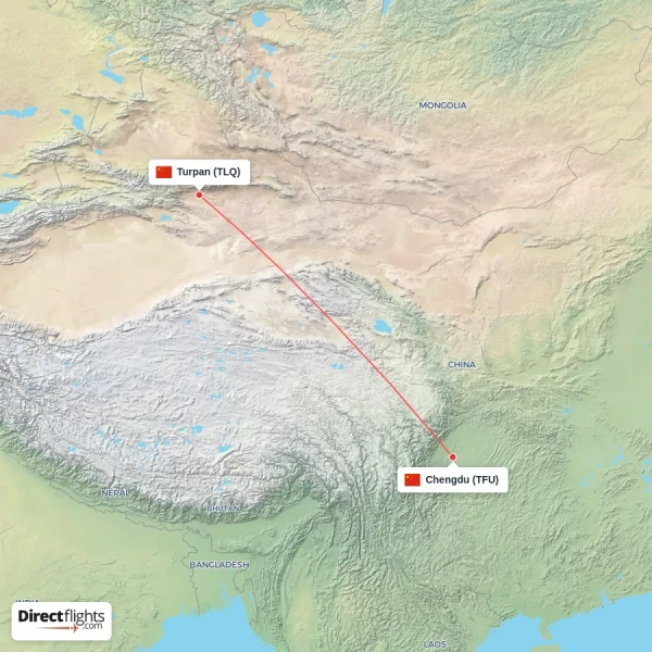 Chengdu - Turpan direct flight map