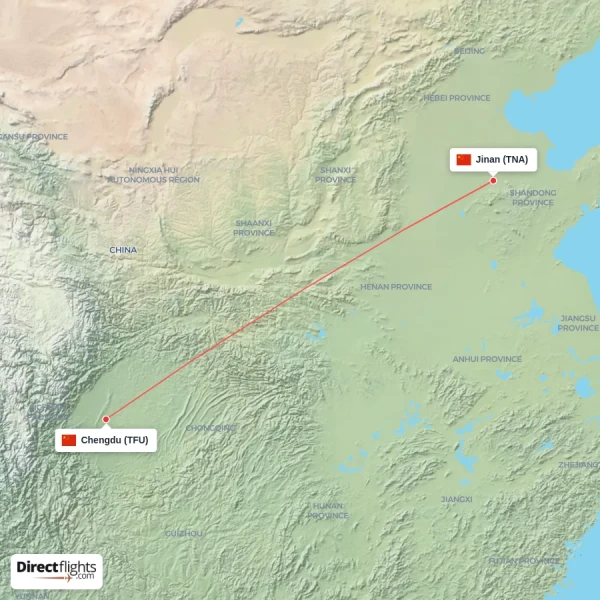 Chengdu - Jinan direct flight map