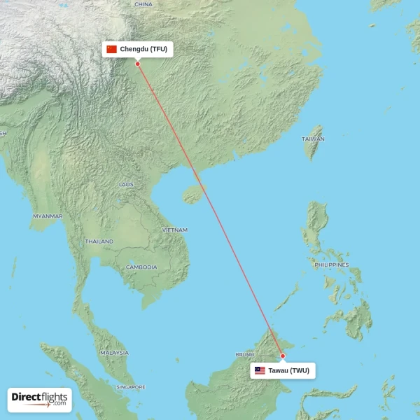 Chengdu - Tawau direct flight map