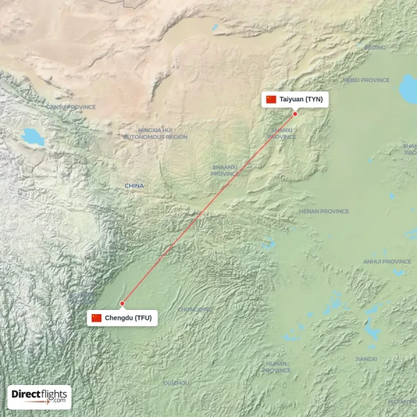 Chengdu - Taiyuan direct flight map