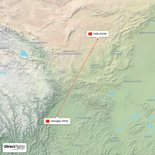 Chengdu - Yulin direct flight map