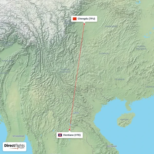 Chengdu - Vientiane direct flight map