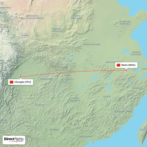 Chengdu - Wuhu direct flight map
