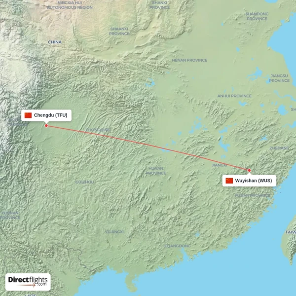 Chengdu - Wuyishan direct flight map