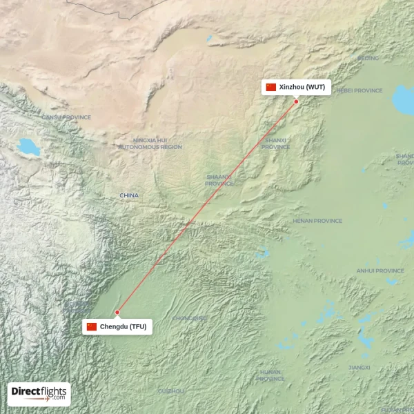 Chengdu - Xinzhou direct flight map