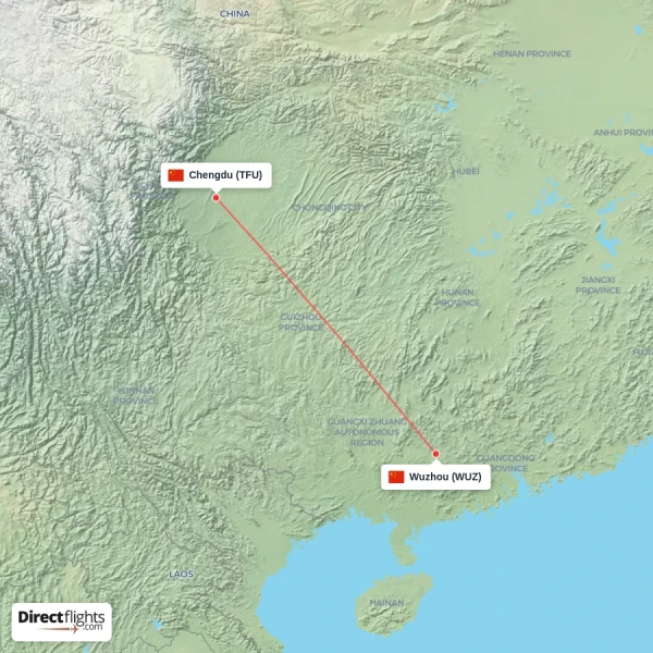 Chengdu - Wuzhou direct flight map