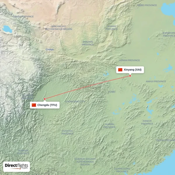 Chengdu - Xinyang direct flight map