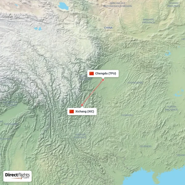 Chengdu - Xichang direct flight map
