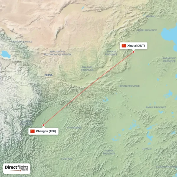 Chengdu - Xingtai direct flight map