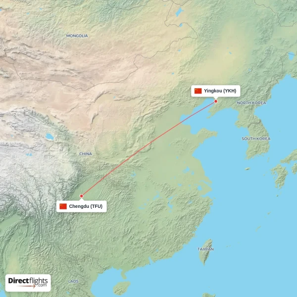 Chengdu - Yingkou direct flight map