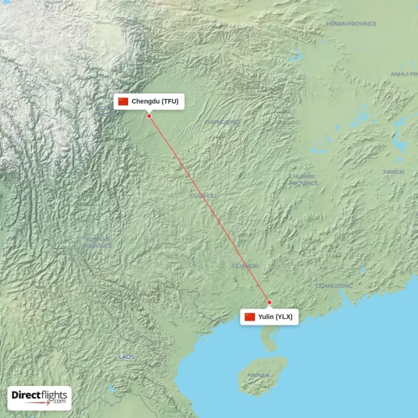 Chengdu - Yulin direct flight map