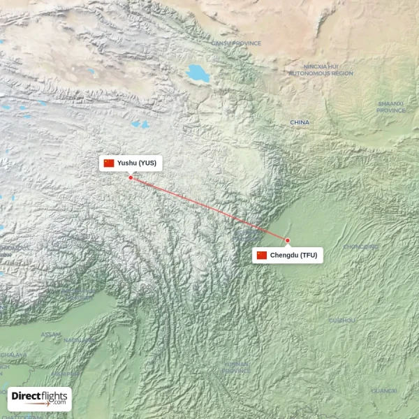 Chengdu - Yushu direct flight map