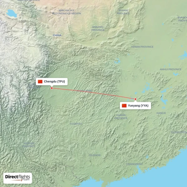Chengdu - Yueyang direct flight map