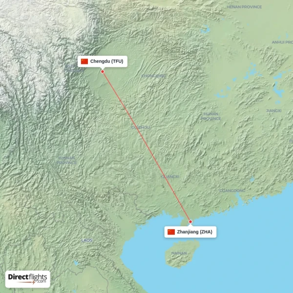 Chengdu - Zhanjiang direct flight map