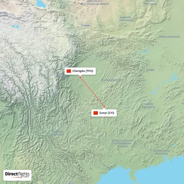 Chengdu - Zunyi direct flight map