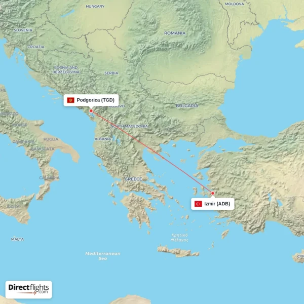 Podgorica - Izmir direct flight map
