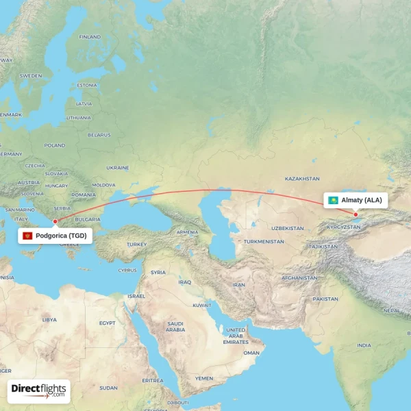 Podgorica - Almaty direct flight map