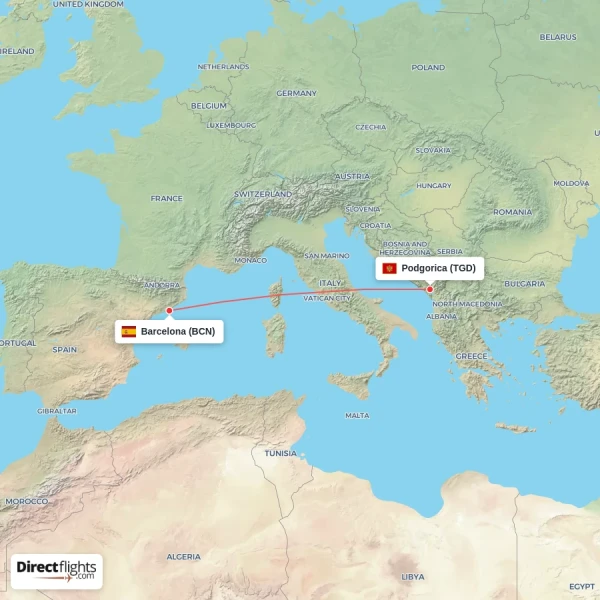 Podgorica - Barcelona direct flight map