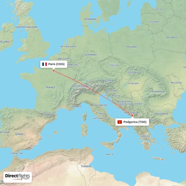 Podgorica - Paris direct flight map
