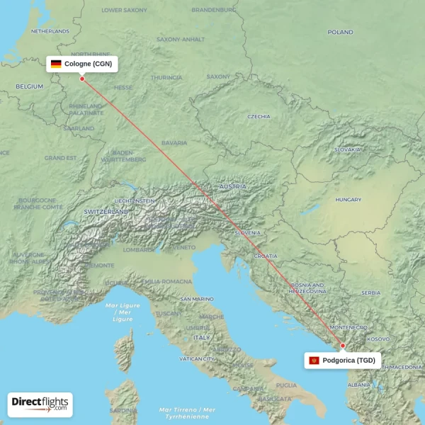 Podgorica - Cologne direct flight map