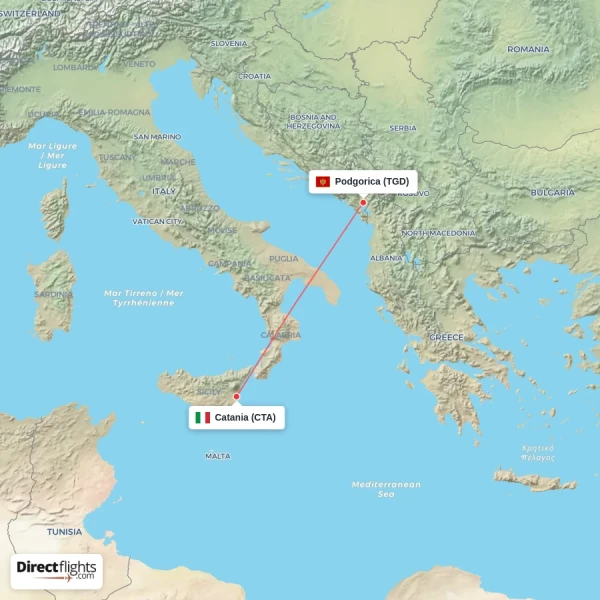 Podgorica - Catania direct flight map