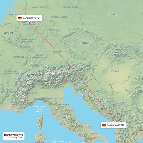 Podgorica - Dortmund direct flight map