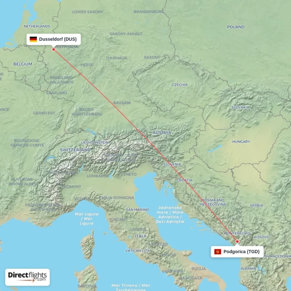 Podgorica - Dusseldorf direct flight map
