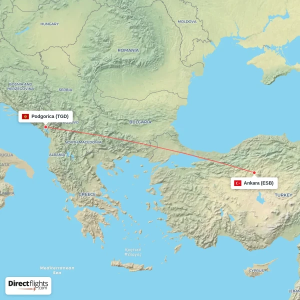 Podgorica - Ankara direct flight map