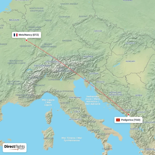 Podgorica - Metz/Nancy direct flight map
