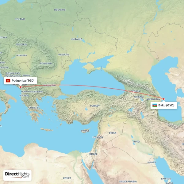 Podgorica - Baku direct flight map