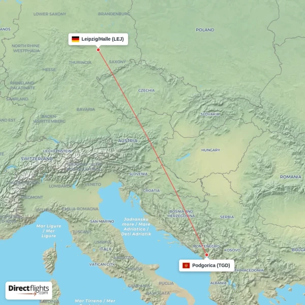 Podgorica - Leipzig/Halle direct flight map