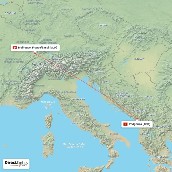 Podgorica - Mulhouse, France/Basel direct flight map