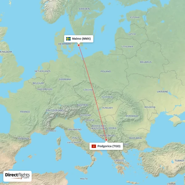 Podgorica - Malmo direct flight map