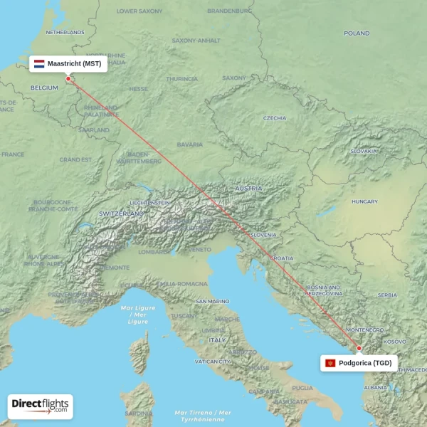 Podgorica - Maastricht direct flight map