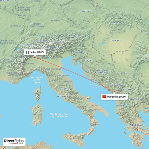 Podgorica - Milan direct flight map