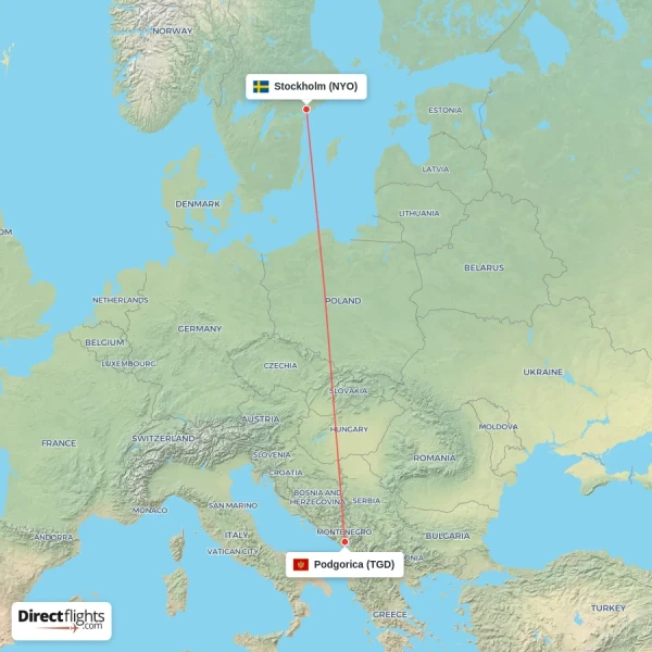 Podgorica - Stockholm direct flight map