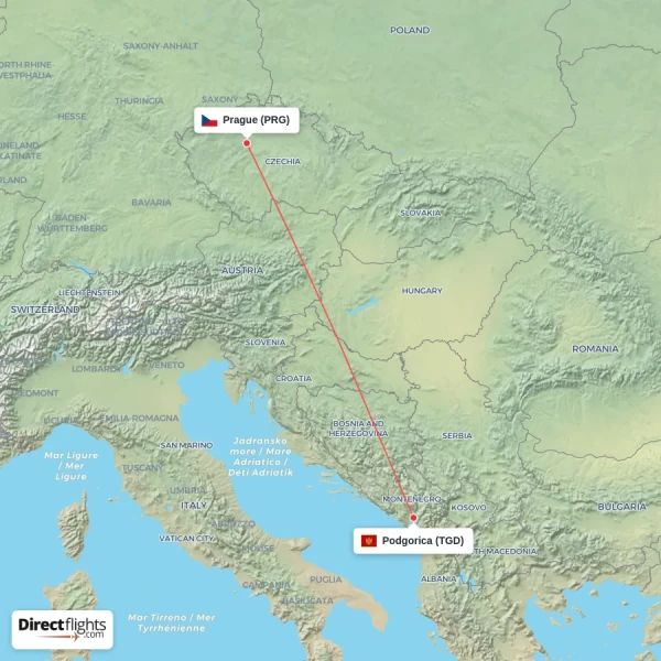 Podgorica - Prague direct flight map