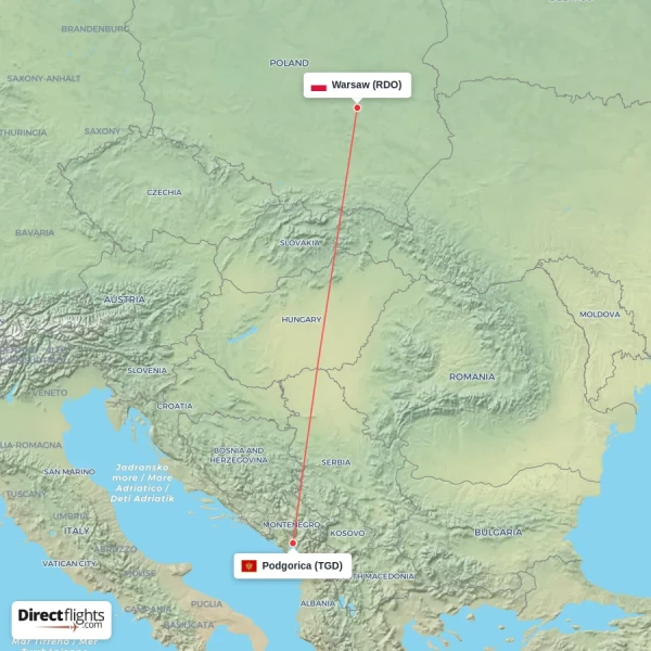 Podgorica - Warsaw direct flight map