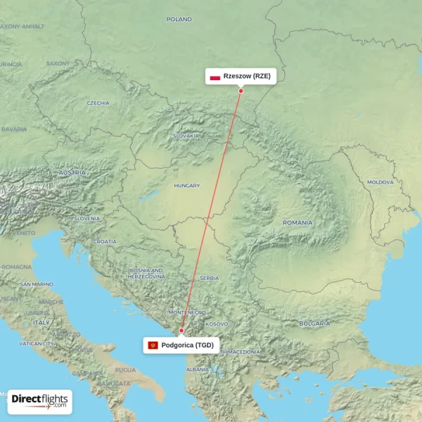 Podgorica - Rzeszow direct flight map