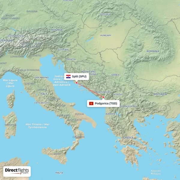 Podgorica - Split direct flight map