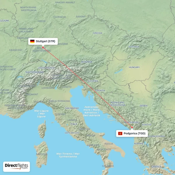 Podgorica - Stuttgart direct flight map