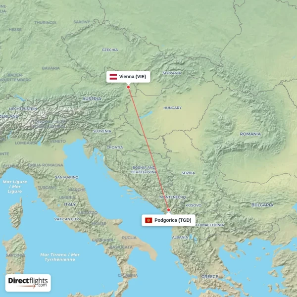 Podgorica - Vienna direct flight map