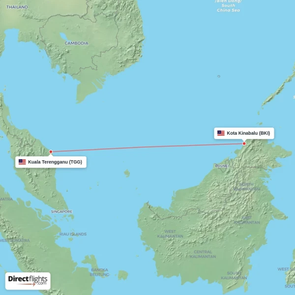 Kuala Terengganu - Kota Kinabalu direct flight map