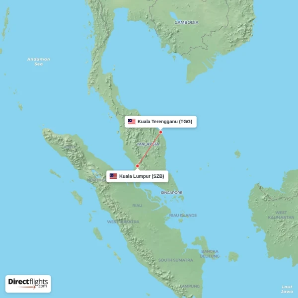 Kuala Terengganu - Kuala Lumpur direct flight map