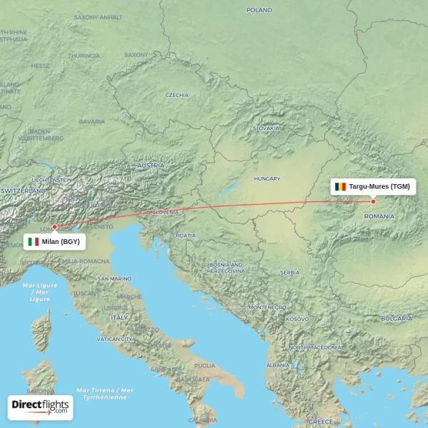 Targu-Mures - Milan direct flight map