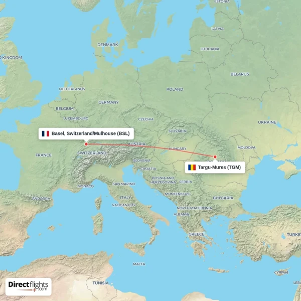 Targu-Mures - Basel, Switzerland/Mulhouse direct flight map