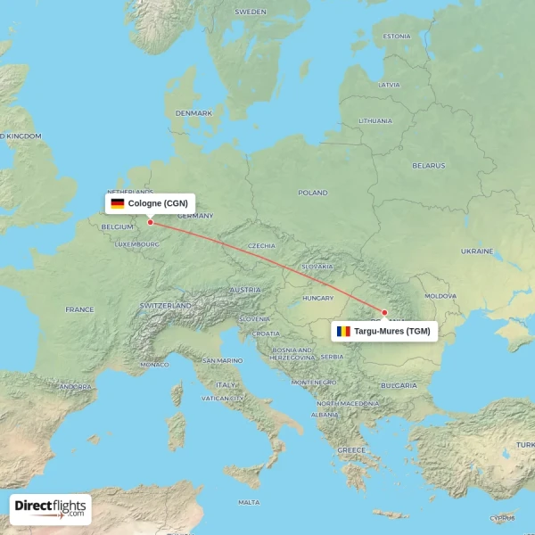 Targu-Mures - Cologne direct flight map