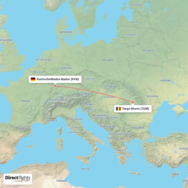Targu-Mures - Karlsruhe/Baden-Baden direct flight map